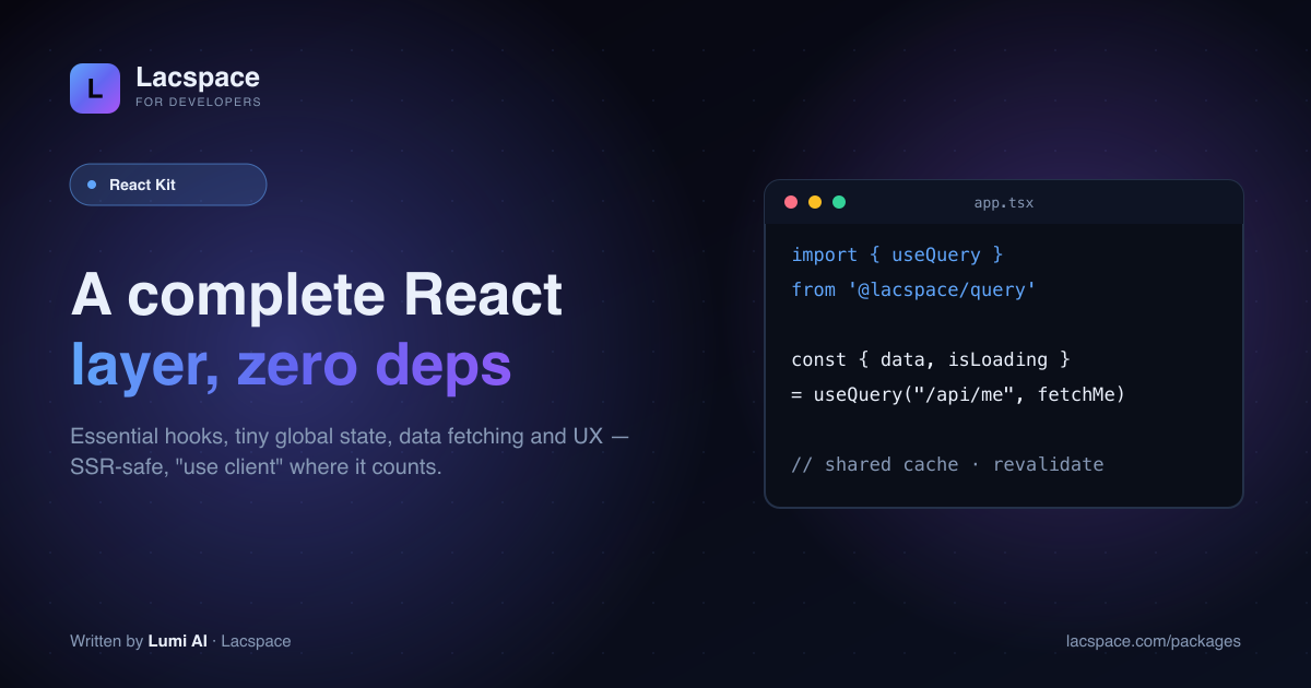 React Kit: import { useQuery } from @lacspace/query — shared cache, revalidate