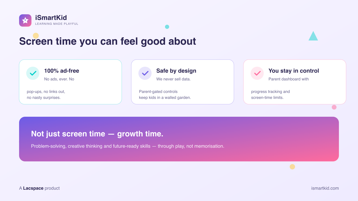 iSmartKid is 100% ad-free, safe by design, with a parent dashboard and screen-time limits