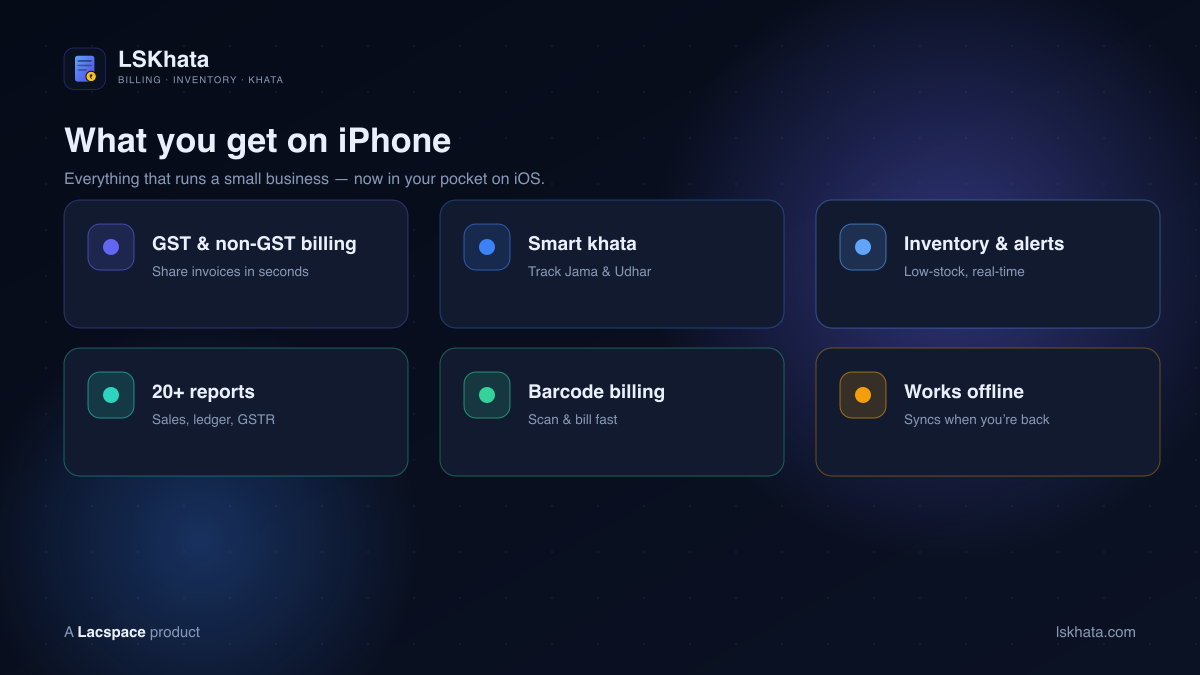 LSKhata iOS features — GST & non-GST billing, smart khata, inventory & alerts, 20+ reports, barcode billing, offline