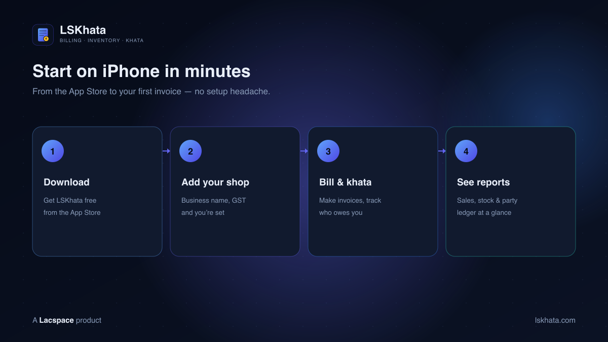 Start LSKhata on iPhone — download, add your shop, bill & khata, see reports